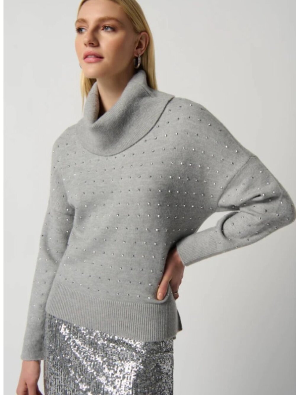 Joseph Ribkoff  Studded Turtle Neck Sweater Gray